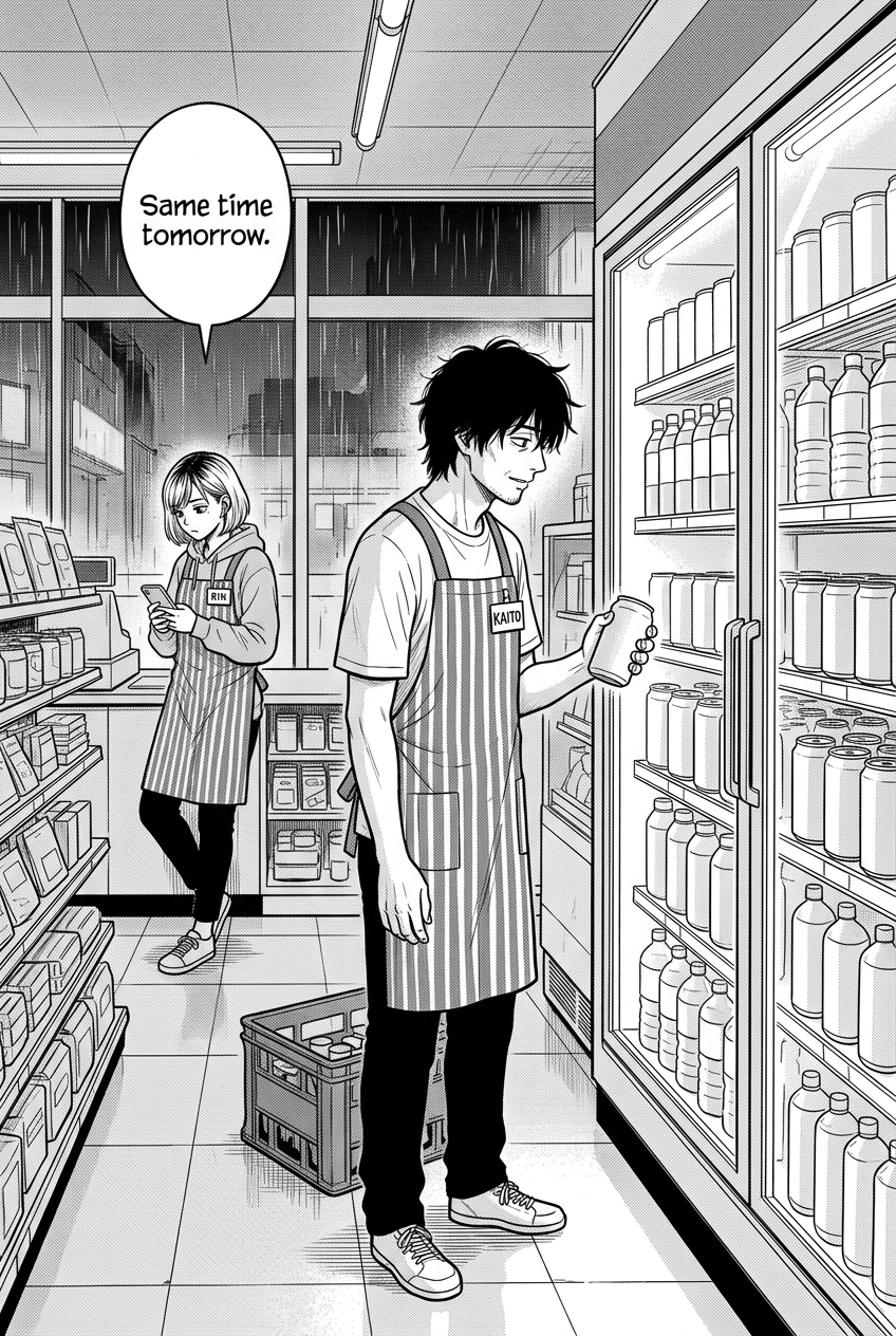 Kaito stands before a stocked glass-door cooler holding a can while Rin looks at her phone in the background; a crate rests on the floor between them.