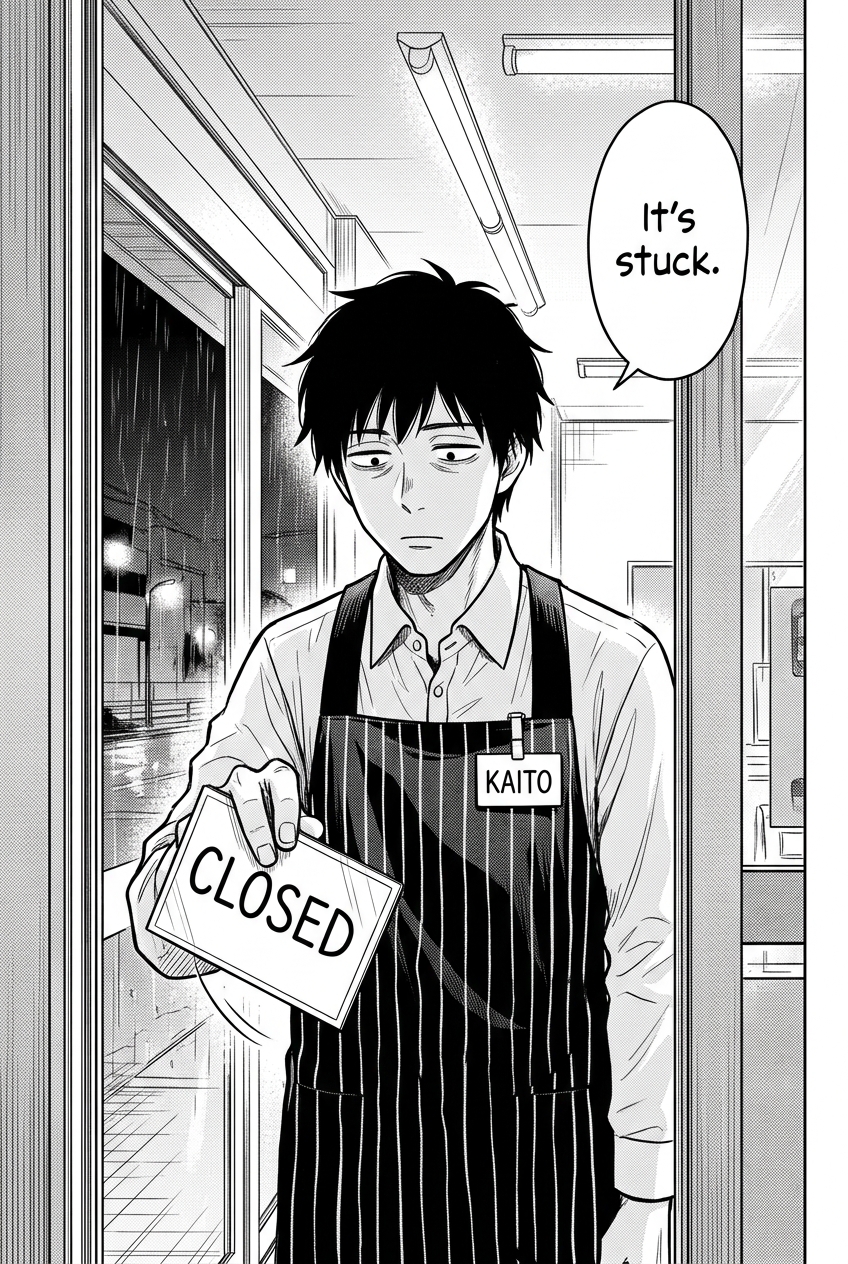 Kaito tugs at the jammed CLOSED sign on the rainy glass door and realizes it will not move.