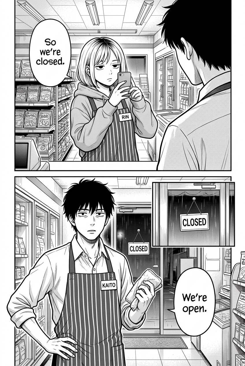Rin films Kaito and says the store is closed; Kaito insists it is open while the sign says CLOSED behind them.