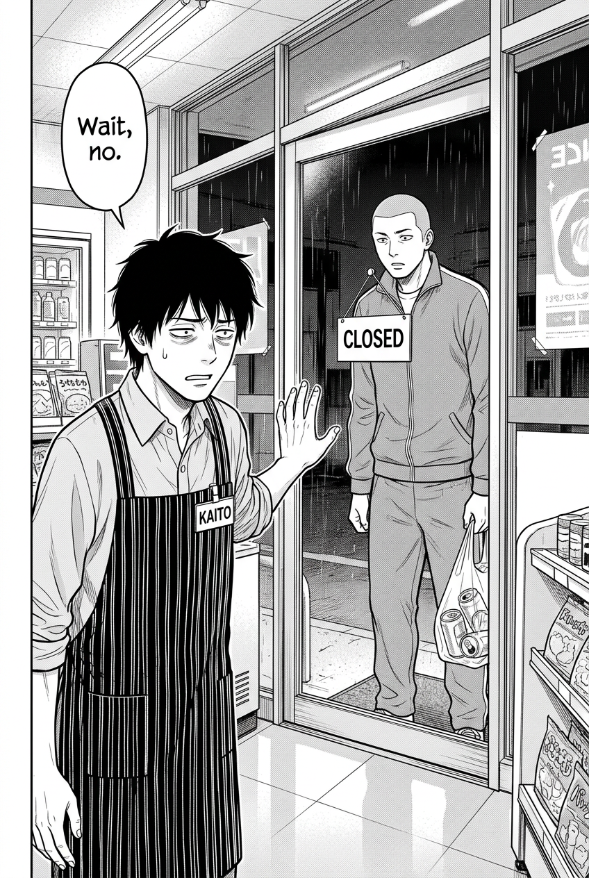 A tracksuit customer sees the outward-facing CLOSED sign through the rain and begins to leave as Kaito tries to stop him.