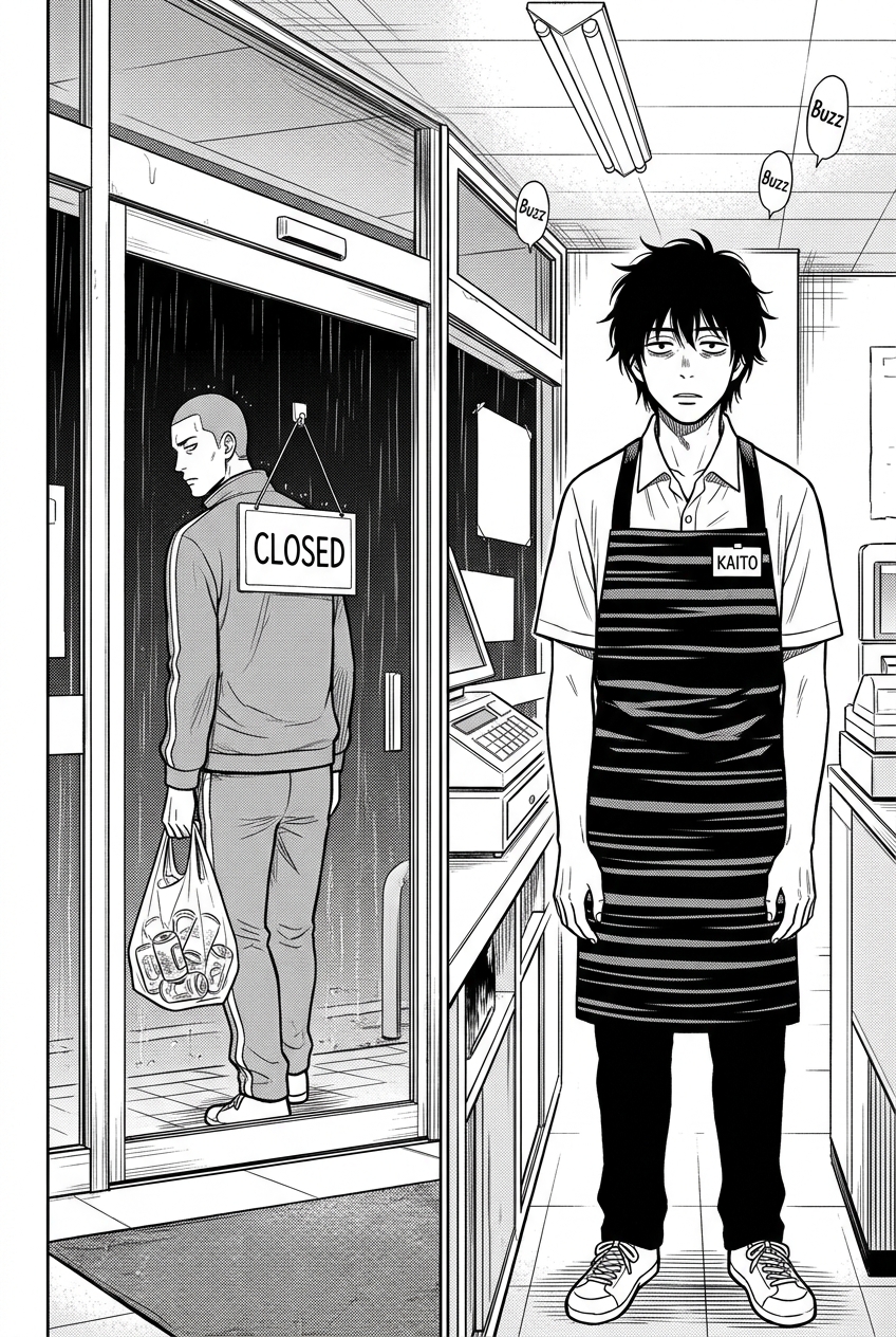 The same tracksuit customer passes again, sees CLOSED again, and leaves again while Kaito watches helplessly.