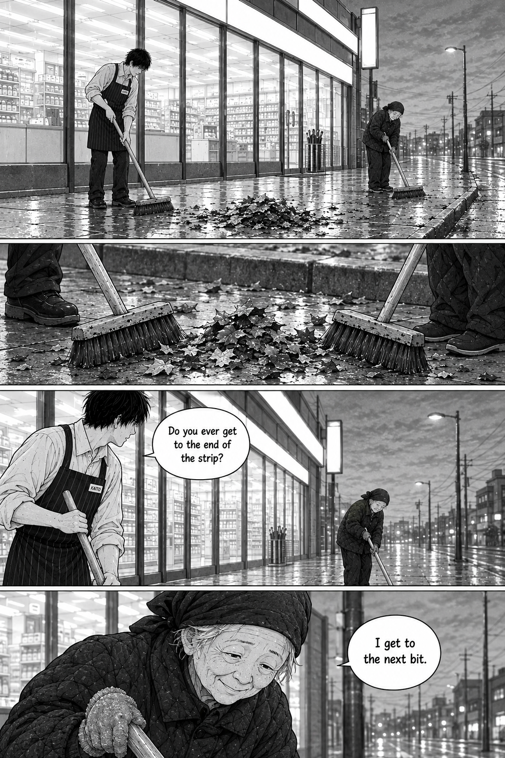 Kaito and Kiku sweep leaves across the wet footpath outside a brightly lit shop, gathering them into a small pile as they talk.