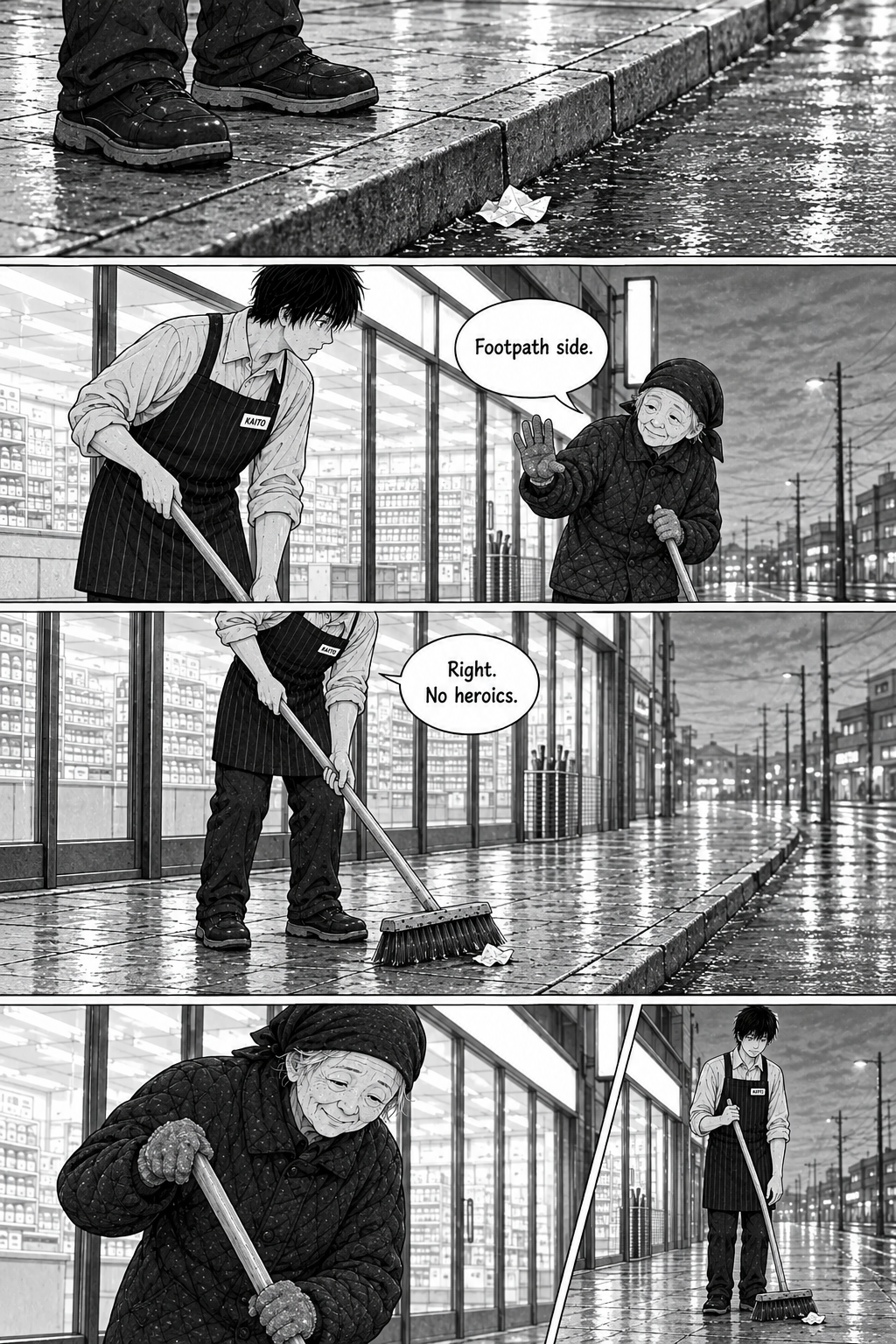 On a wet sidewalk beside a storefront, Kiku gestures to Kaito as he uses a long broom to draw a scrap of paper away from the curb, then the two sweep separately.