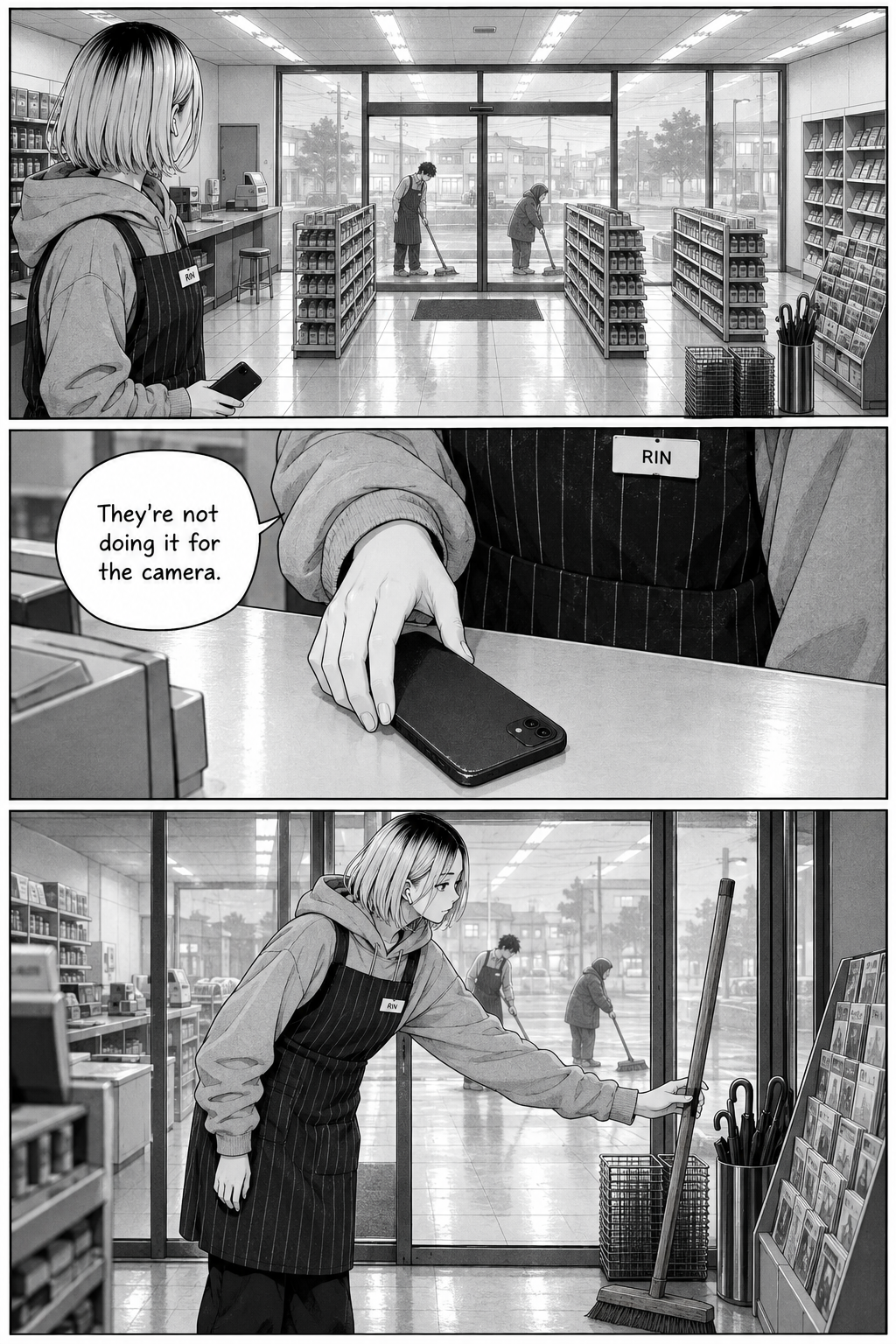 Rin watches Kaito and Kiku sweep outside the shop, sets her phone on the counter, then reaches for a broom near the entrance.