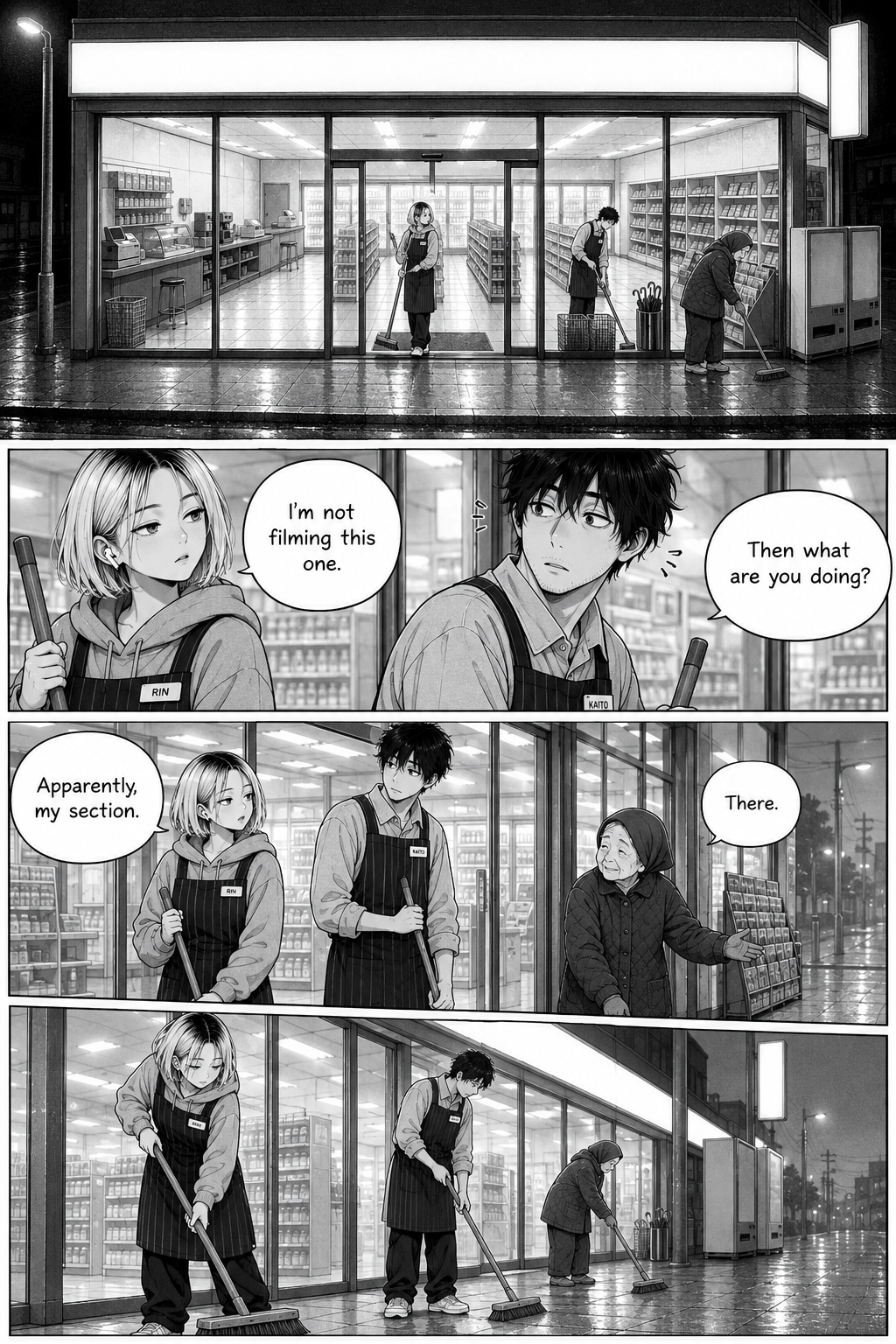 Rin and Kaito stand with an elderly woman outside the brightly lit convenience store, holding brooms as they sweep the wet pavement.