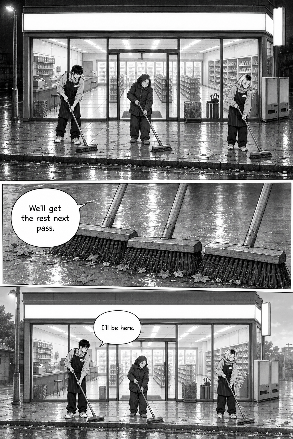 Kaito, Kiku, and Rin sweep the wet sidewalk outside the store, while a close view shows their broom heads pushing water and scattered leaves.