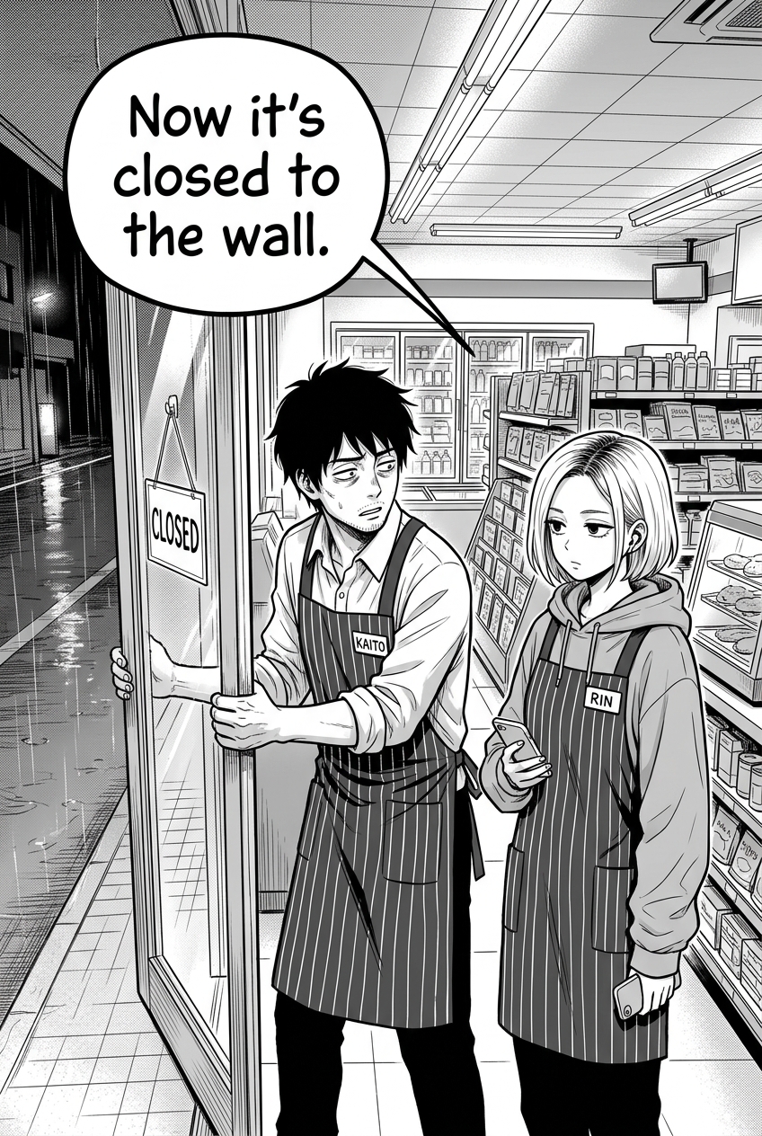 Kaito props the door open so the CLOSED sign swings inward; Rin observes that it is now closed to the wall.