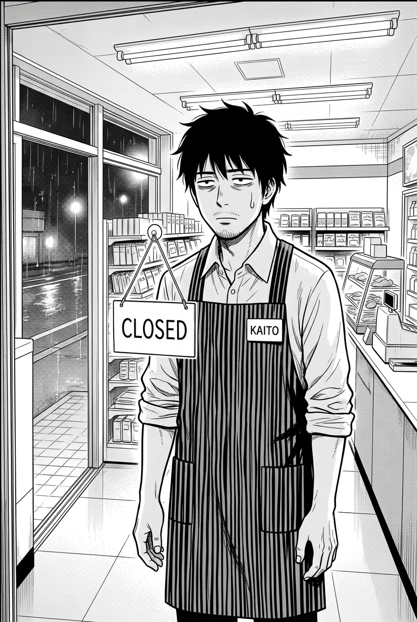 Kaito silently stares at the CLOSED sign on the glass door with a single sweat drop at his temple.