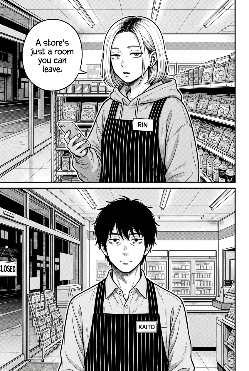 Rin delivers a flatly wise line while Kaito stares back, unsettled.
