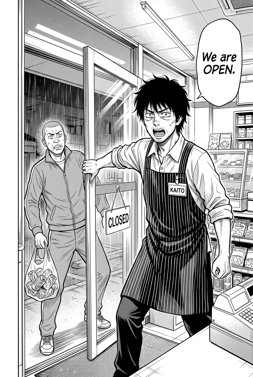 Kaito flings the front door open and declares the store open to the startled tracksuit customer.