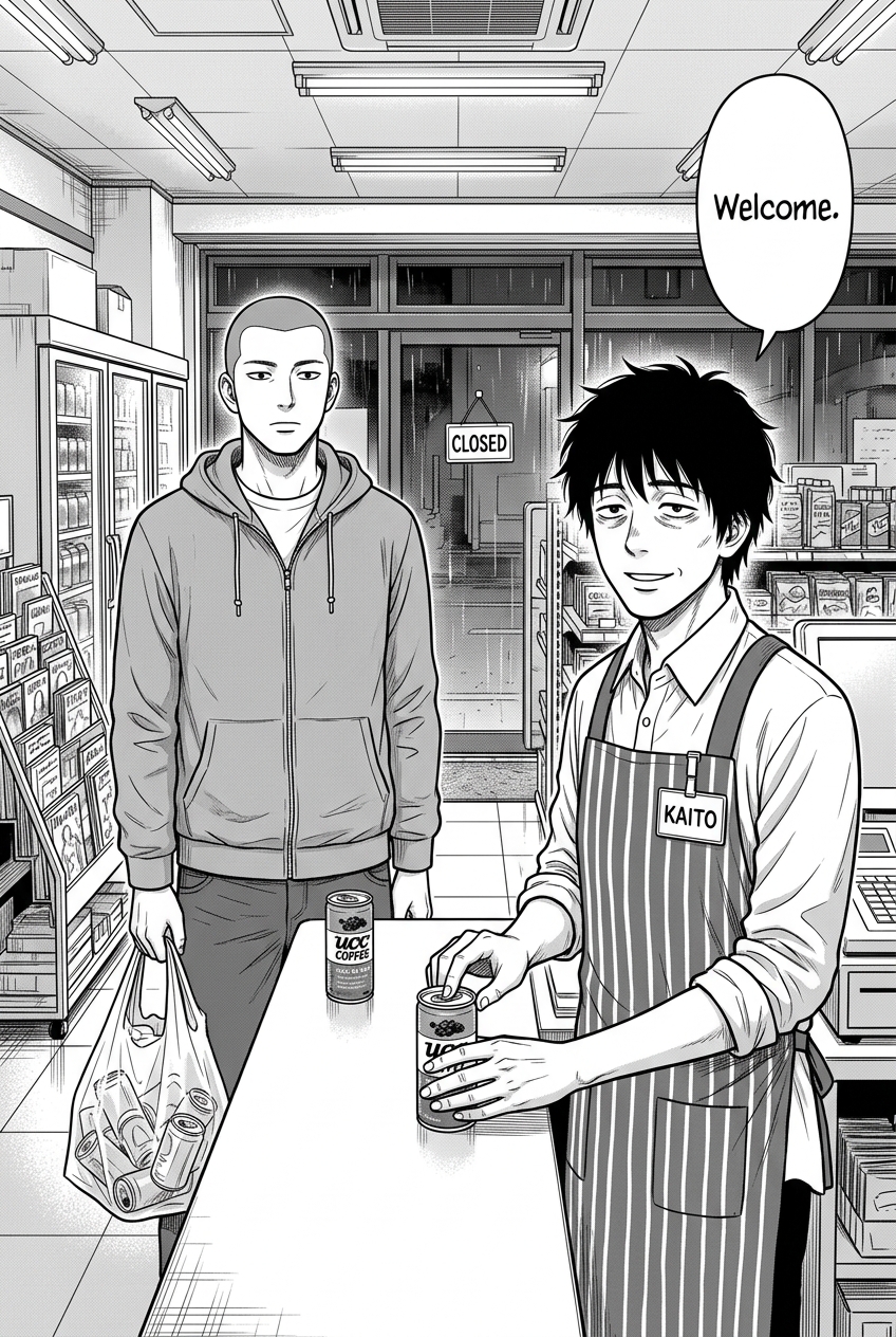 The tracksuit customer buys canned coffee while Kaito rings it up with quiet satisfaction.