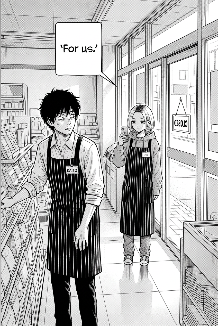 At dawn, Rin flips the CLOSED sign inward toward the staff and says it is for them.