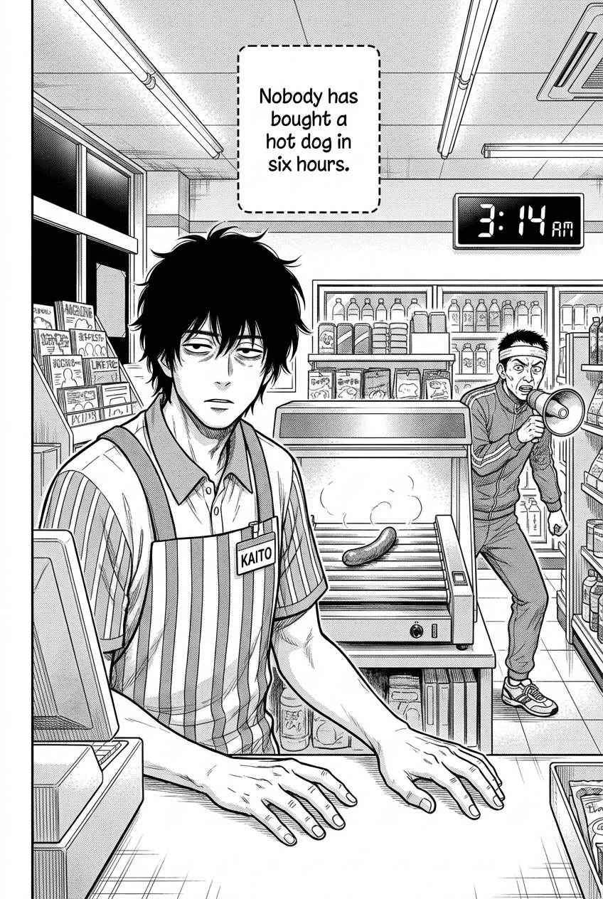 Kaito slumps behind the convenience-store register, staring at one lonely hot dog rotating under fluorescent lights.