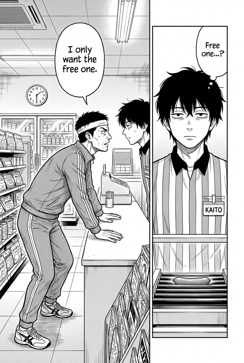 A tracksuit customer leans over the counter and insists that he only wants the free hot dog.