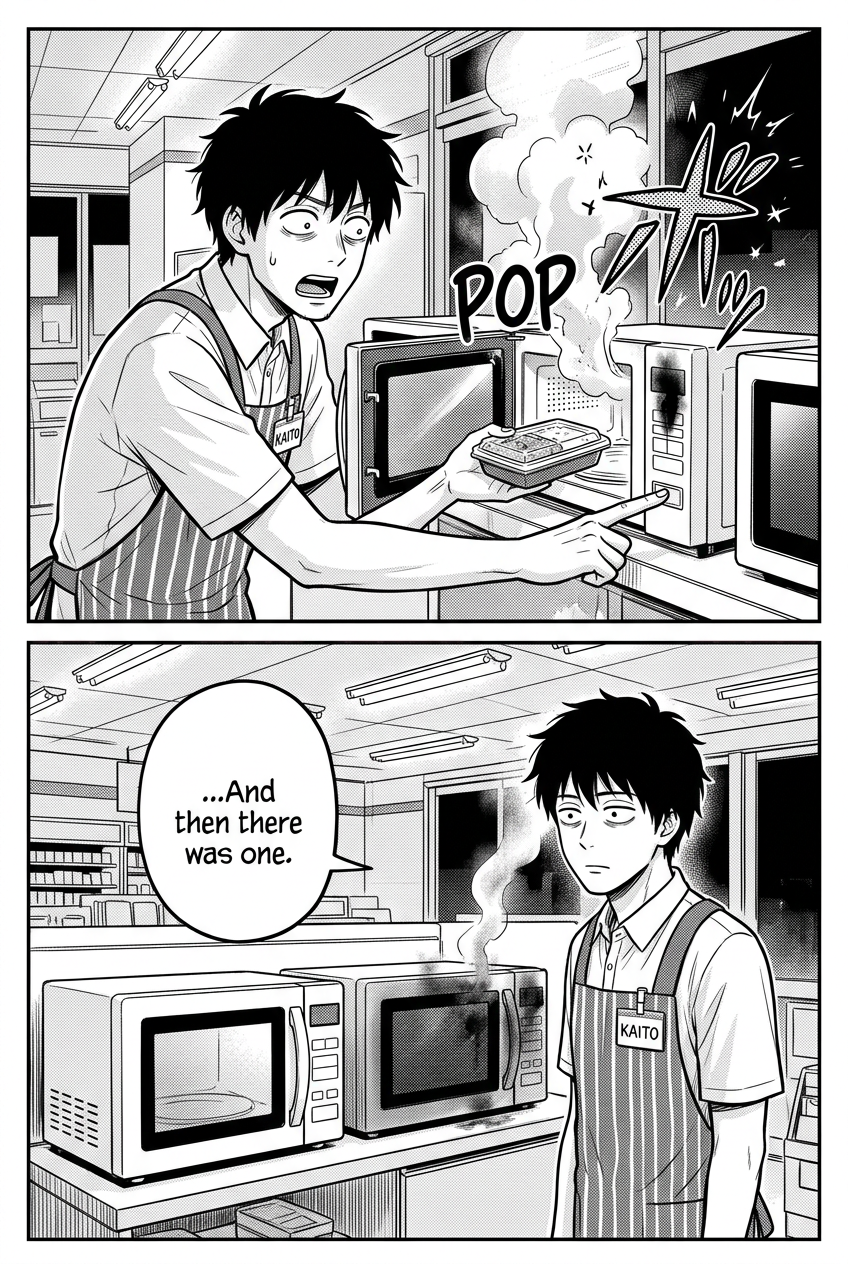 Kaito’s bento sparks in the right microwave, leaving him staring at one dead machine and one working machine.