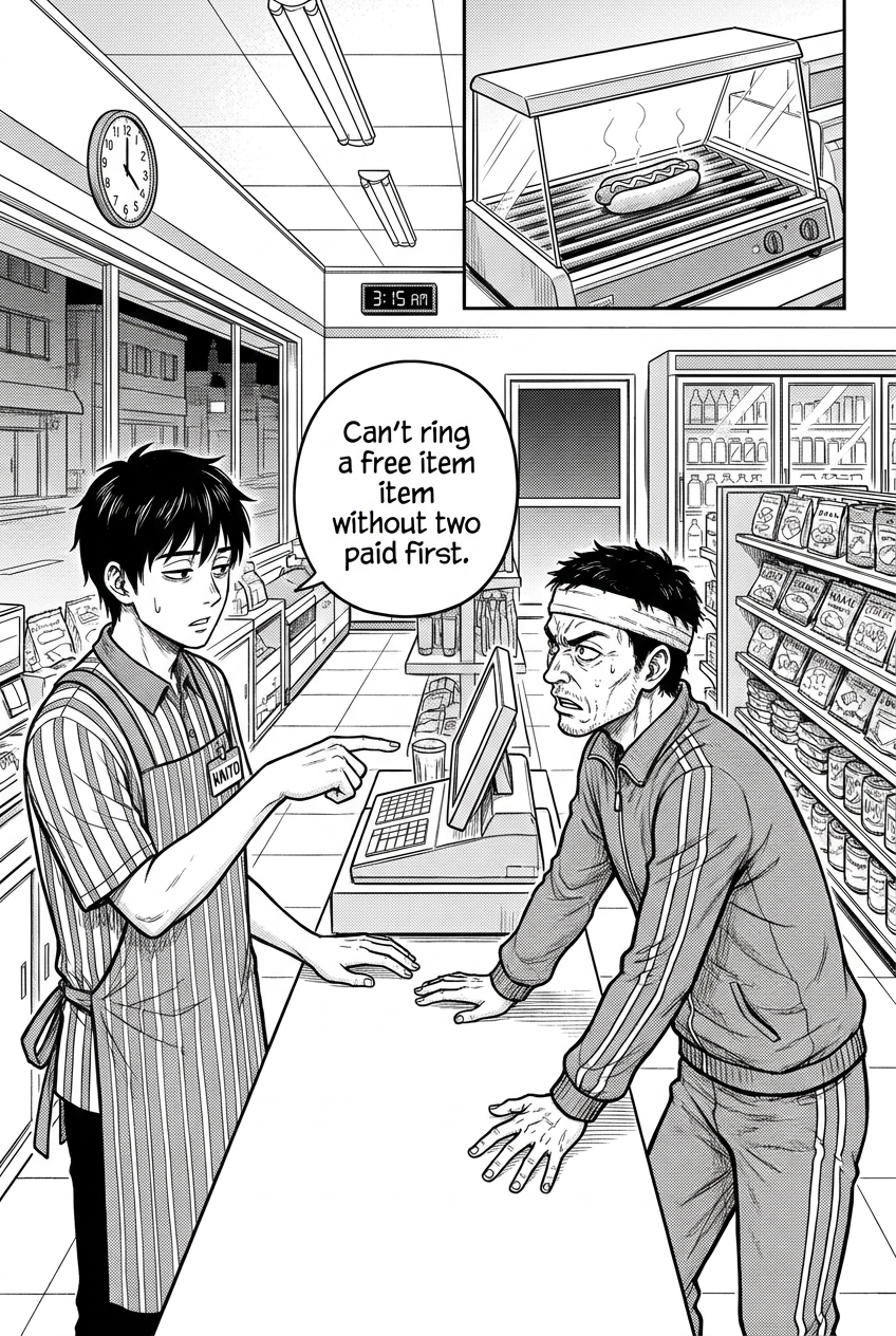 Kaito points to the register while explaining that the system cannot ring up a free item without two paid ones first.