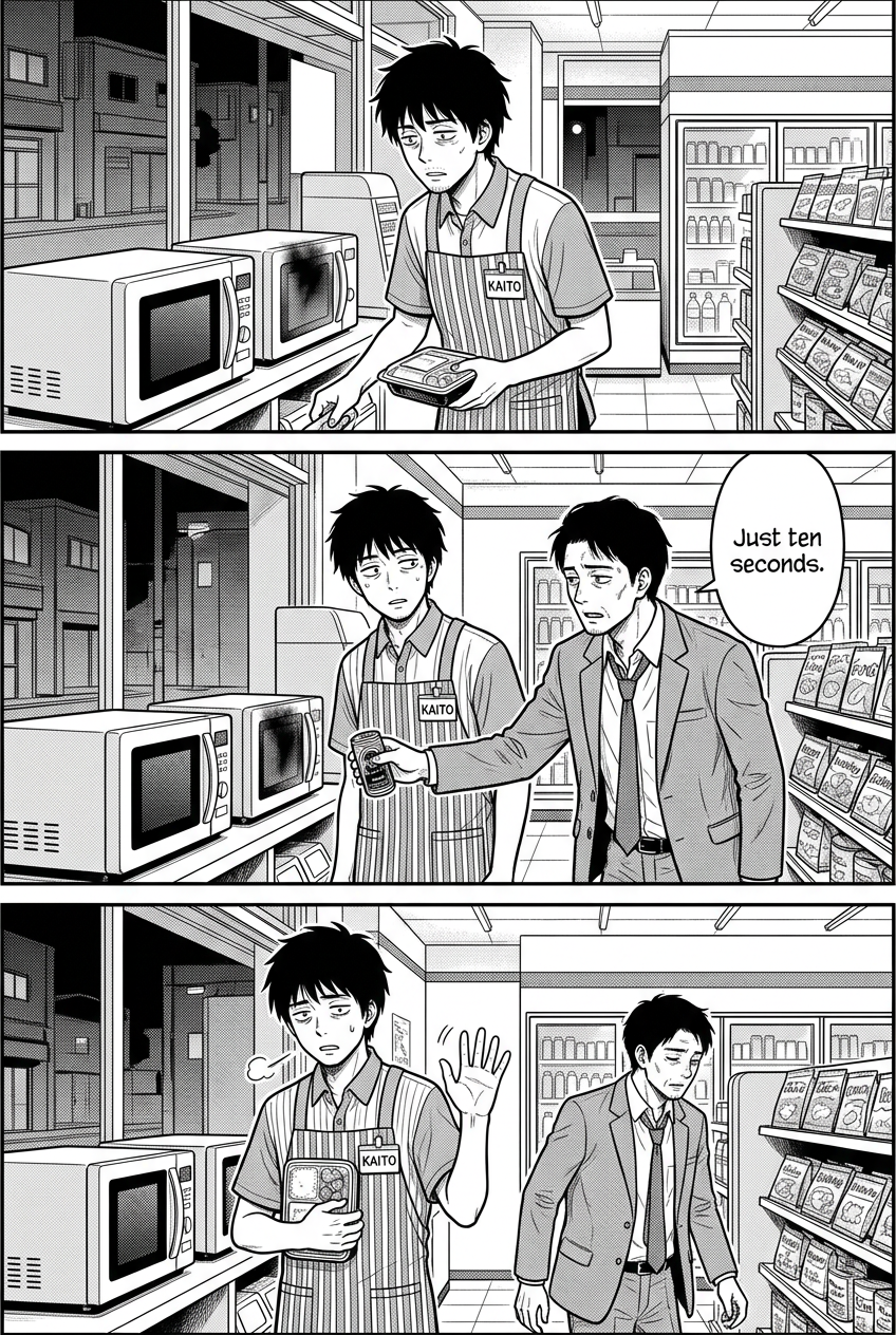 Kaito tries to use the remaining microwave, but a tired salaryman politely cuts in first.