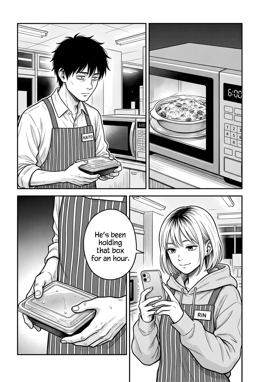 A six-minute gratin timer counts down while Kaito waits with his cold bento and Rin films him.