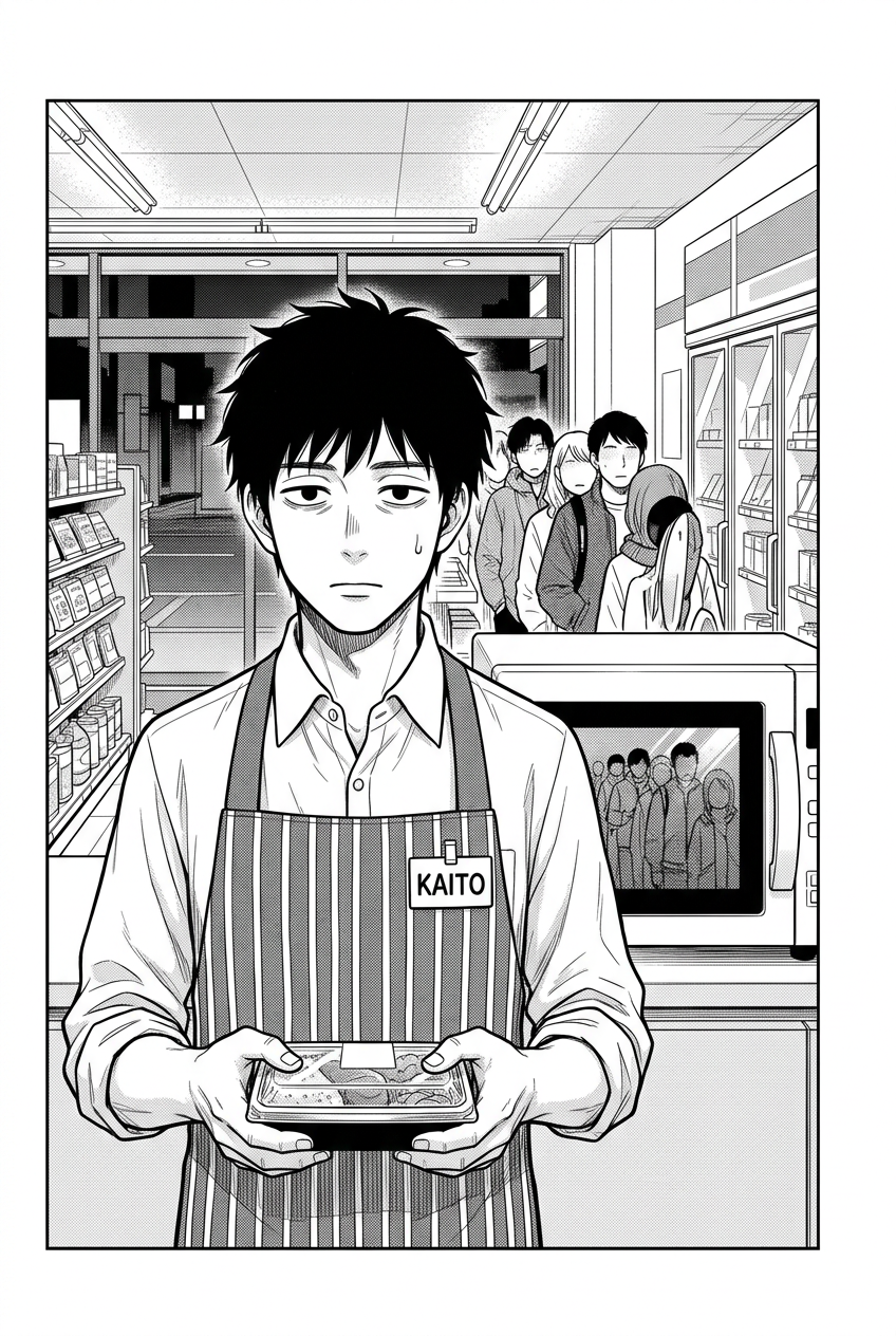 Kaito stares hollowly at the viewer with his cold bento while the microwave glass reflects a growing queue.