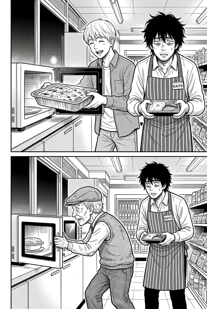 After the student leaves, an old man takes the microwave and keeps interrupting its cycle to inspect his food.