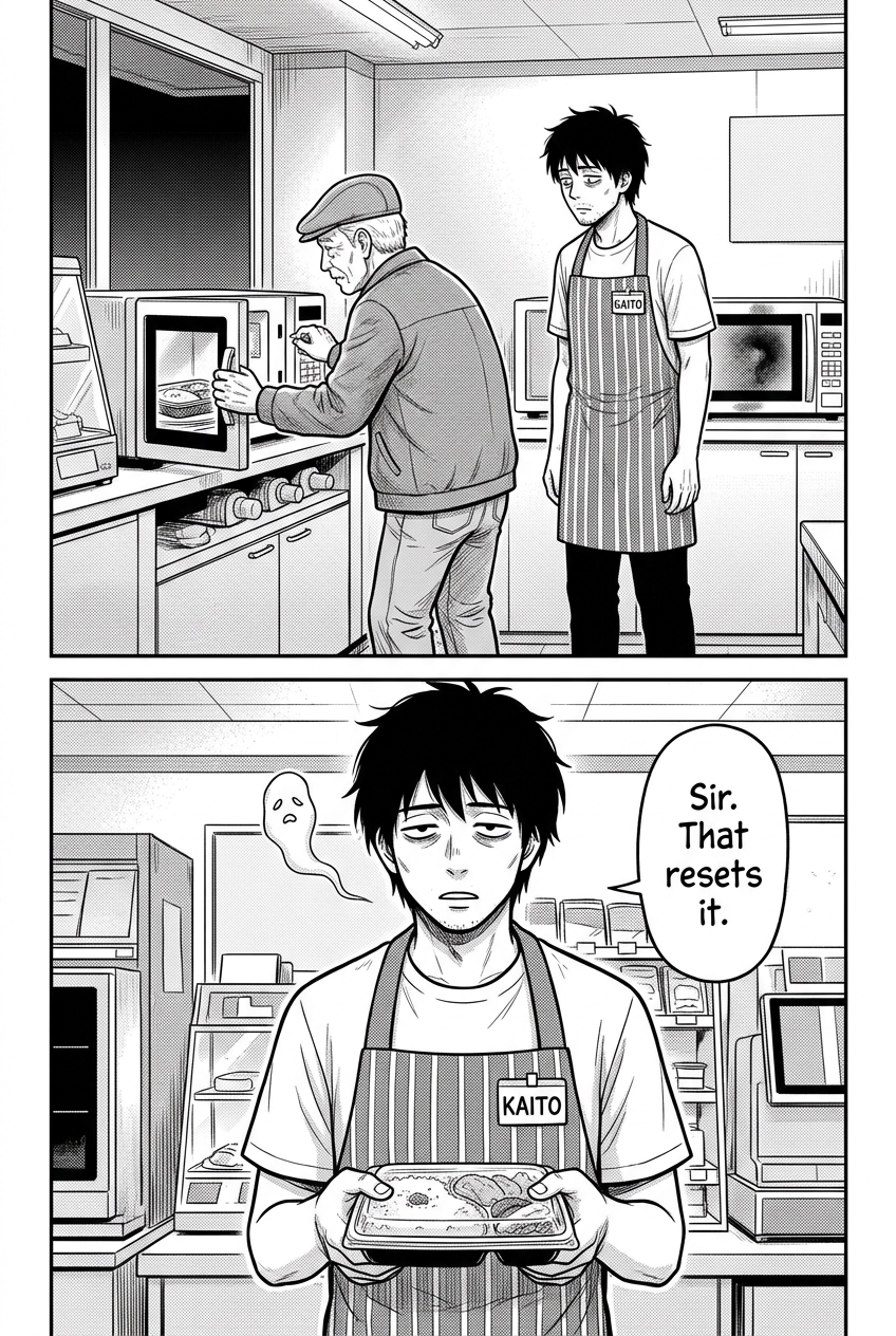 The old man repeatedly opens and restarts the microwave while Kaito watches in hollow despair.