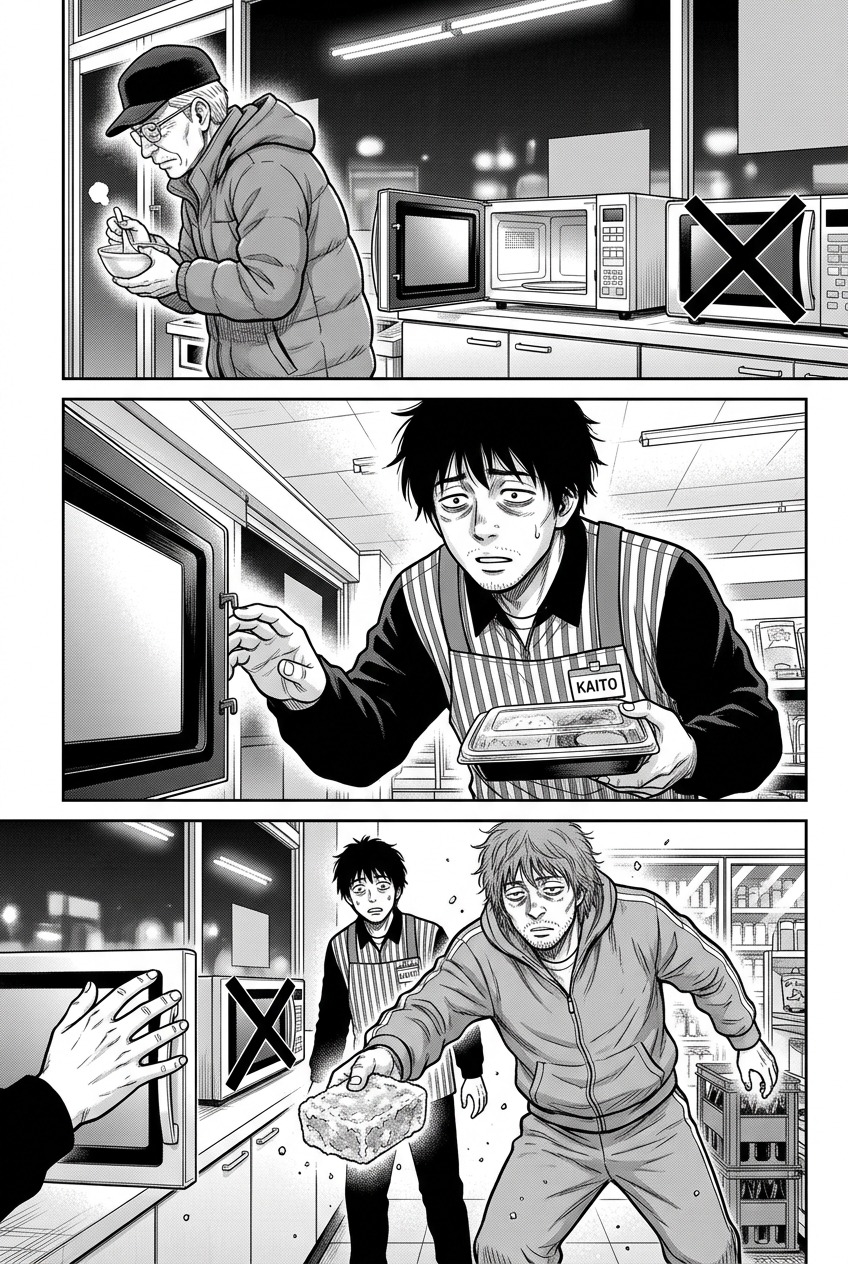 Kaito reaches for the free microwave, only for the tracksuit regular to arrive with a rock-hard frozen brick of food.