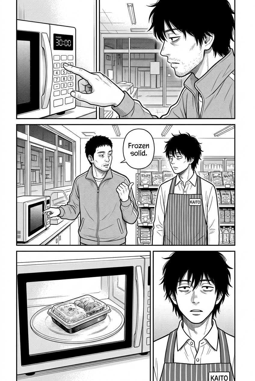 The tracksuit regular sets the microwave to thirty minutes, leaving Kaito blank with despair.