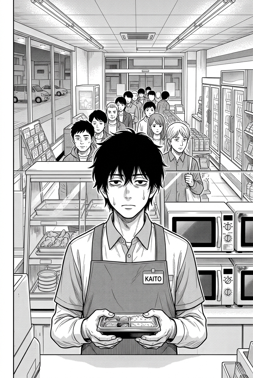 Kaito stands in the same silent pose with a longer queue behind him and a sweat-drop tear on his cheek.