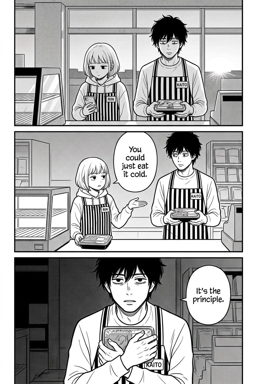 Rin briefly stops filming to point out the cold bento while Kaito stubbornly clutches it.
