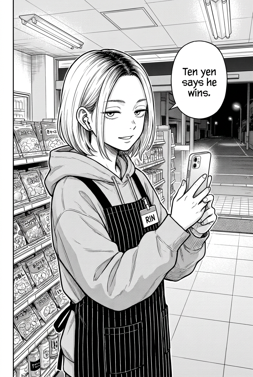 Rin films from the aisle with one earbud in, amused by the customer’s argument with Kaito.