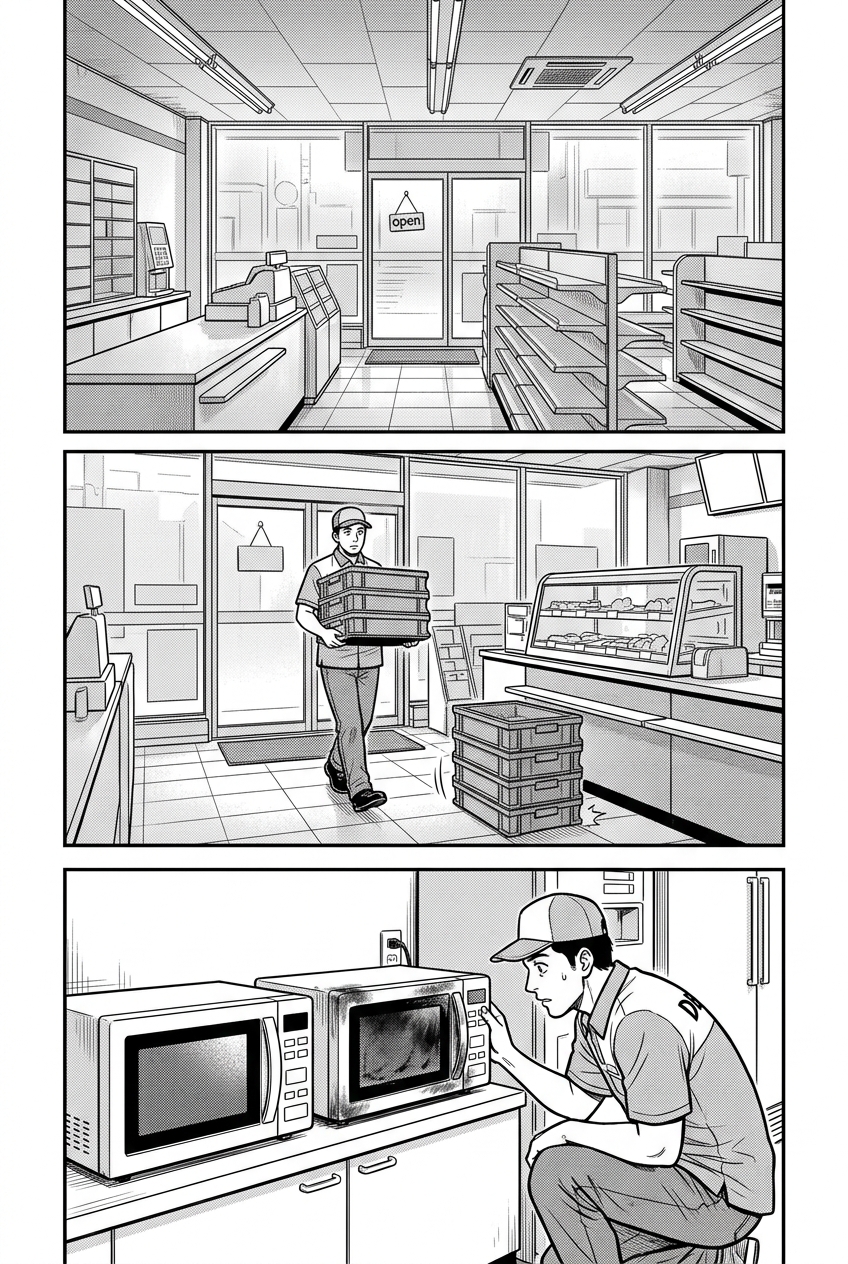 Grey dawn enters the store as a delivery worker notices the supposedly dead microwave.