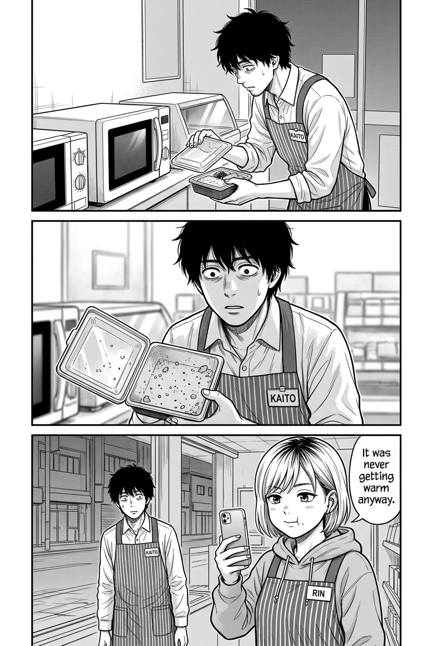 Kaito opens his bento at last and finds it empty while Rin chews nearby and films him.