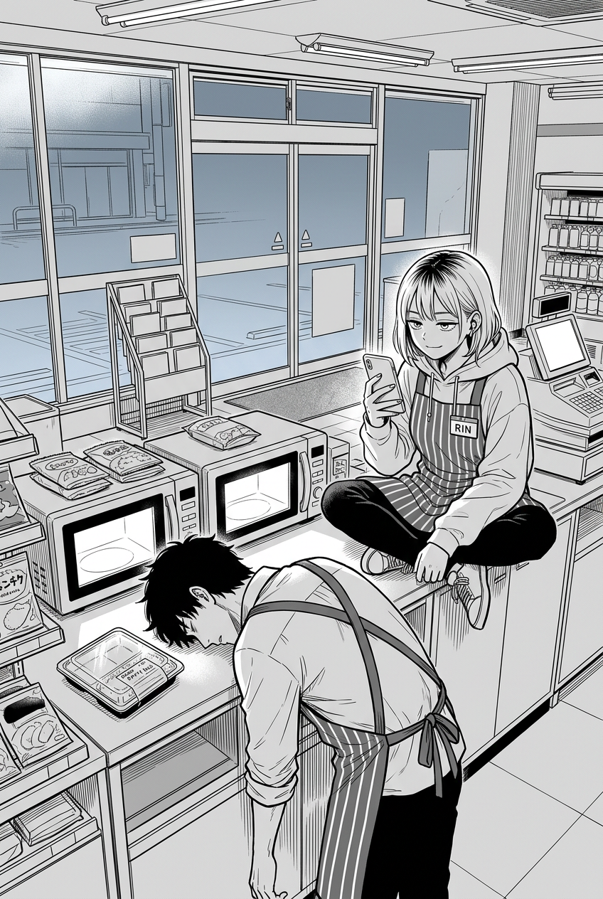 At dawn, both microwaves work while Kaito slumps over the counter and Rin reviews his cold bento ordeal.