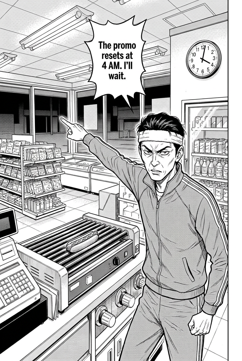 The tracksuit man points dramatically at the wall clock and declares that he will wait for the promotion to reset at 4 AM.