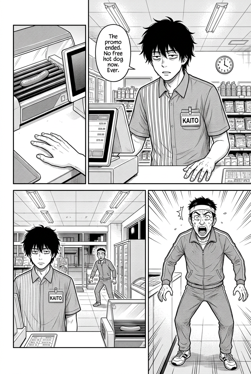 At 4:00 AM, Kaito tells the stunned customer that the promotion has ended and there will be no free hot dog.
