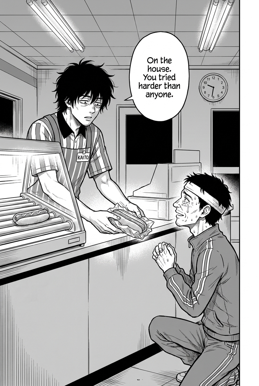 Kaito quietly hands the kneeling tracksuit man a hot dog on the house after his failed vigil.