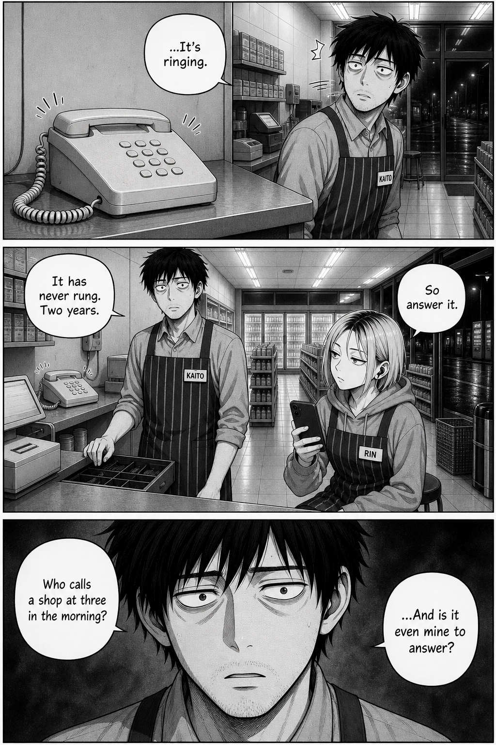 Kaito turns toward a ringing desk phone in the convenience store while Rin sits nearby holding her phone, and Kaito looks tense as they discuss answering it.
