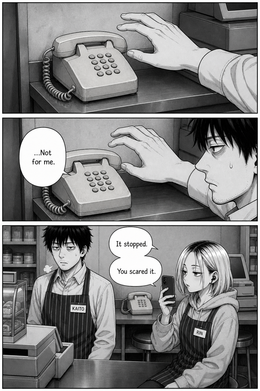 Kaito reaches toward a corded desk phone and then stands beside Rin, who holds up her phone as he exhales.