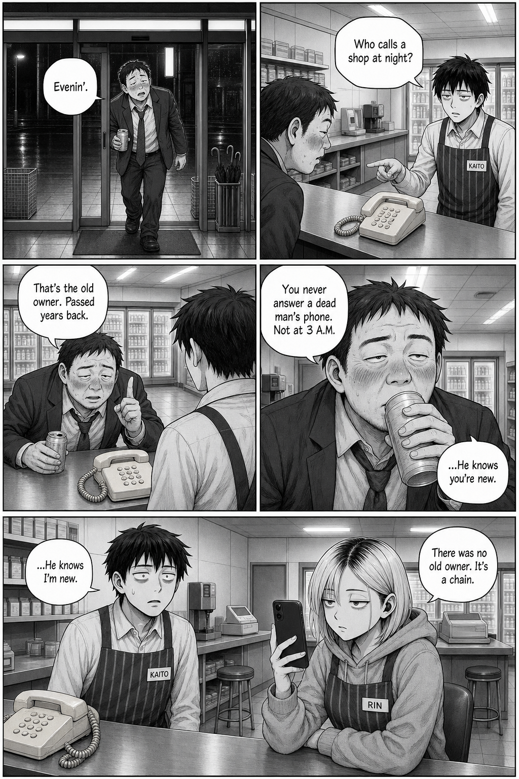 A flushed, disheveled man enters the brightly lit store holding a can, then leans at the counter as Kaito points to a landline; later, Kaito and Rin look at Rin’s phone.