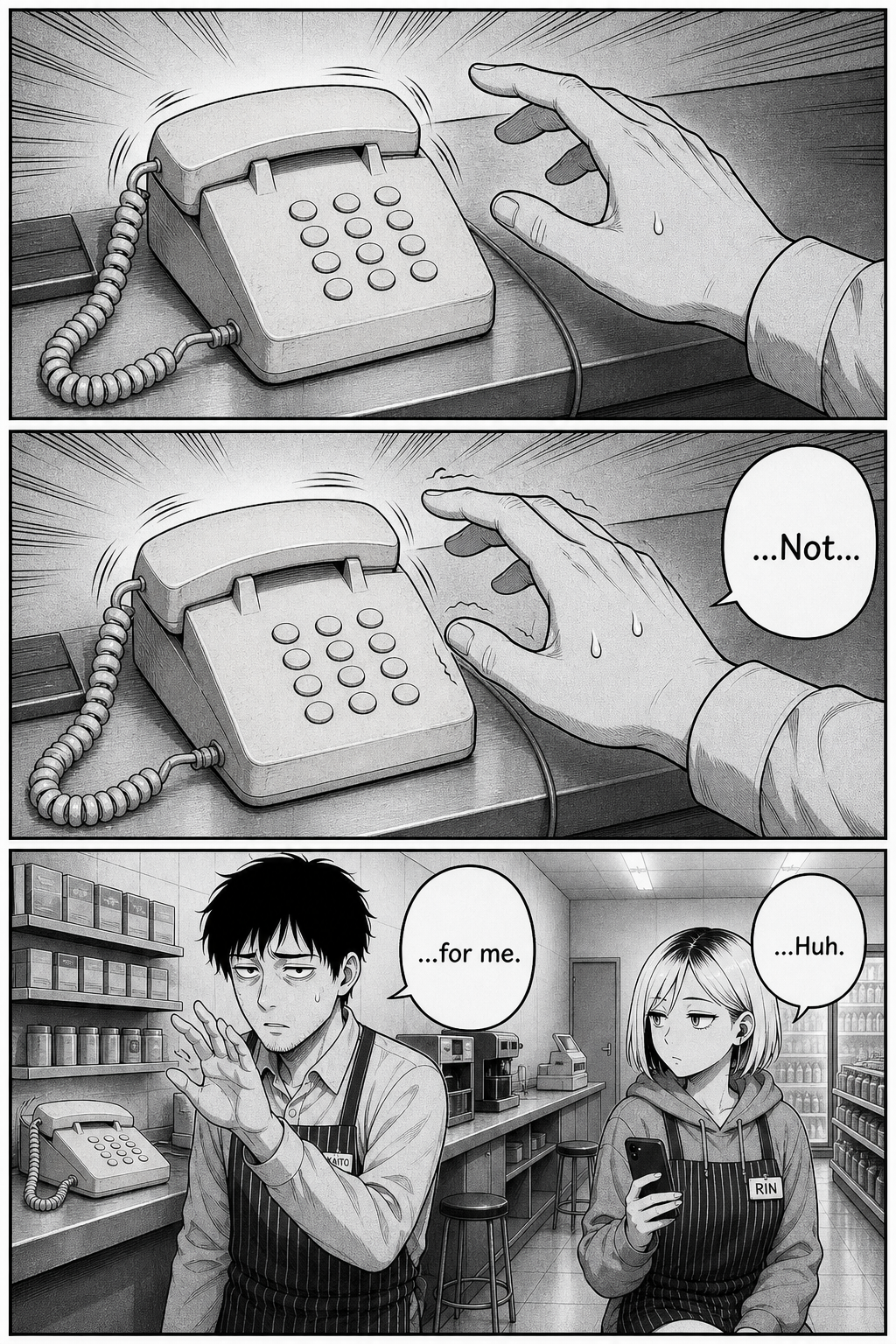 Kaito reaches toward a ringing corded telephone, then pulls his hand back as Rin watches him from beside the counter with her phone in hand.