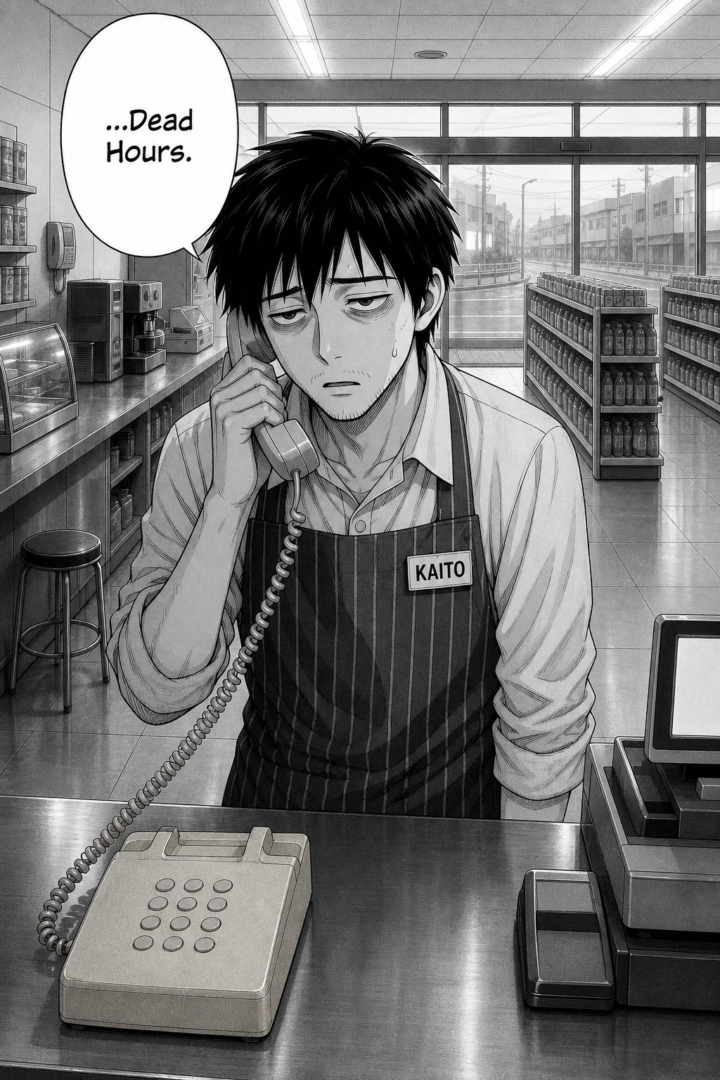 Kaito, looking tired with a bead of sweat on his cheek, holds a corded telephone handset to his ear behind the store counter.
