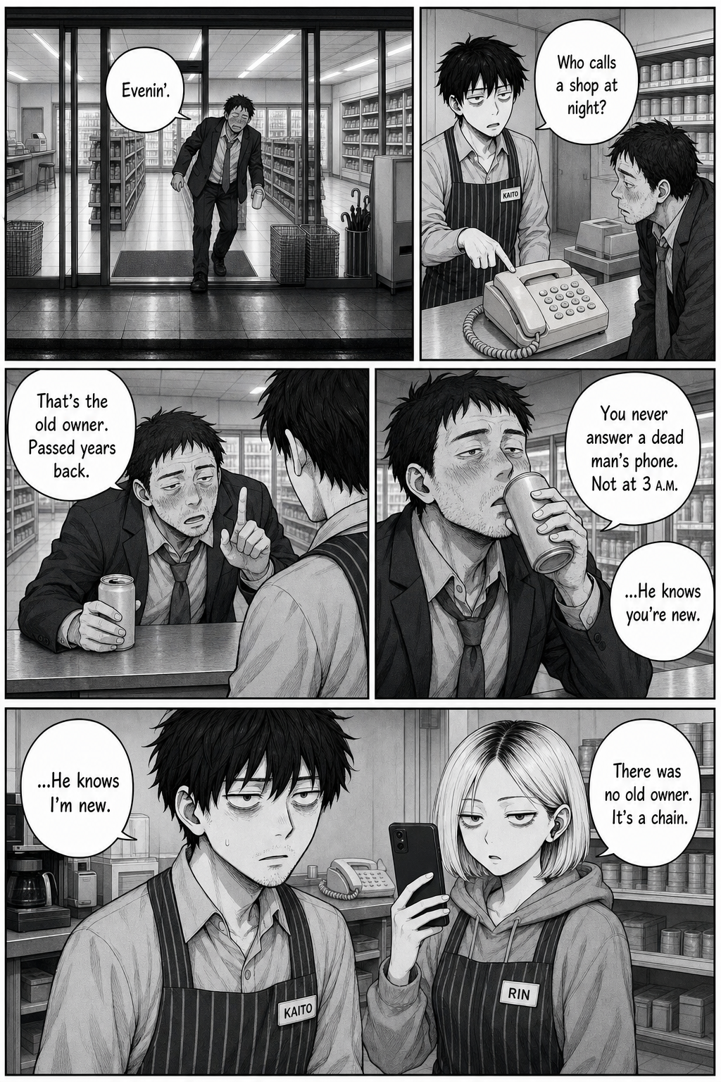 A rumpled man enters the convenience store holding a can, then talks with Kaito about the ringing landline as Kaito points to it; later Kaito and Rin stand behind the counter, with Rin holding up her phone.