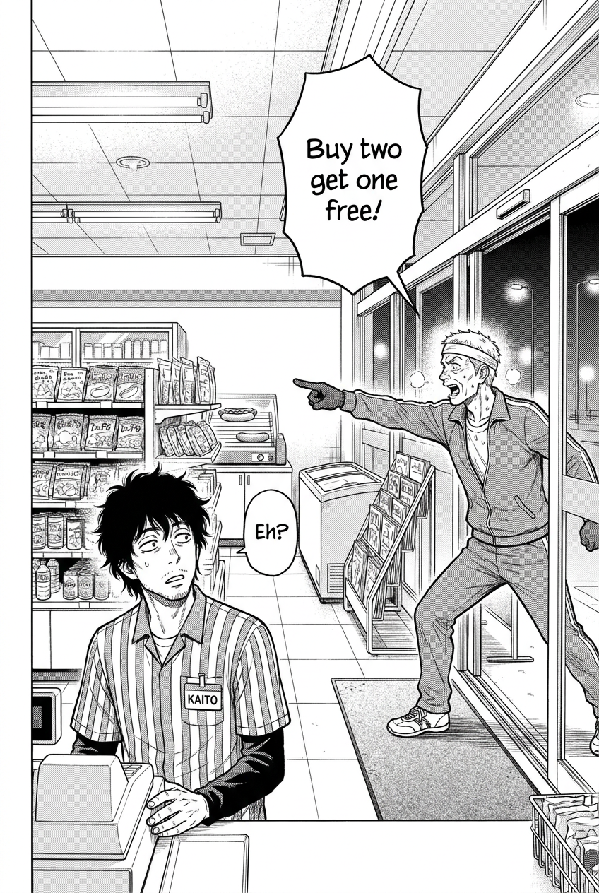 A breathless tracksuit man bursts into the night convenience store pointing toward the hot dog grill and shouting about the buy-two-get-one-free deal.
