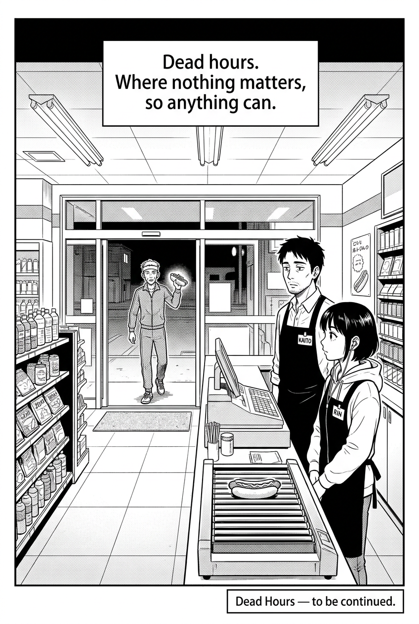 The tracksuit man exits into the pre-dawn street holding one hot dog like a trophy while Kaito and Rin watch from inside.