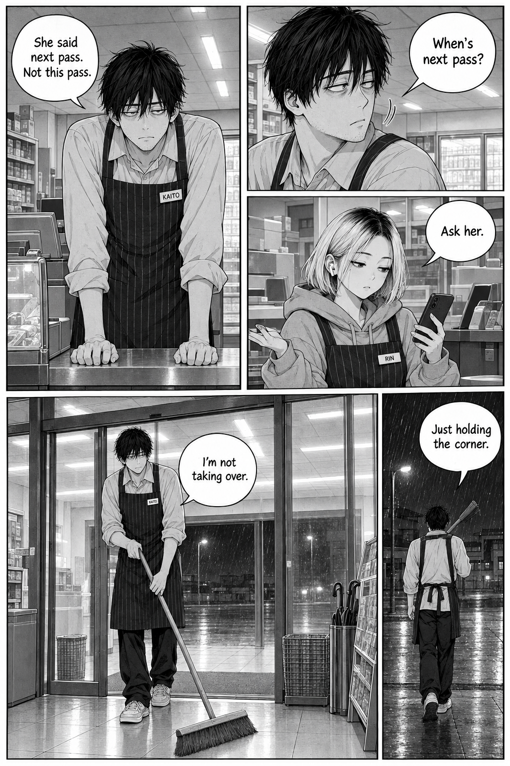 Kaito leans on the shop counter, looks toward Rin as she checks her phone, then sweeps near the entrance and walks outside in the rain carrying the broom over his shoulder.