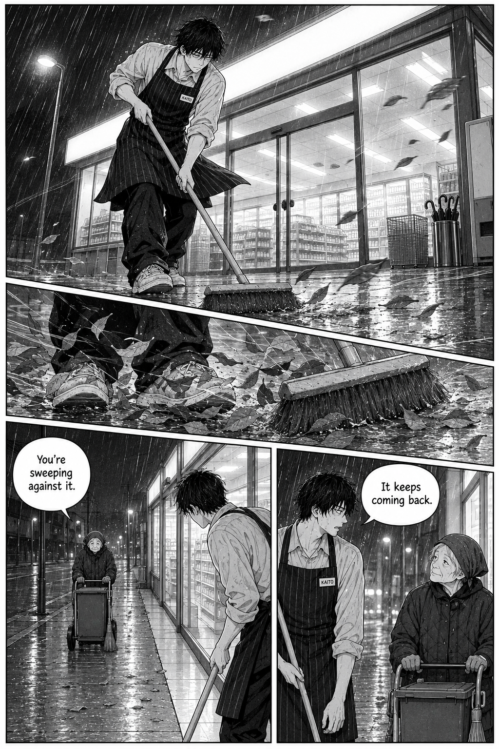 Kaito sweeps windblown leaves from the rain-soaked walkway outside a brightly lit store as an elderly woman approaches with a cleaning cart.