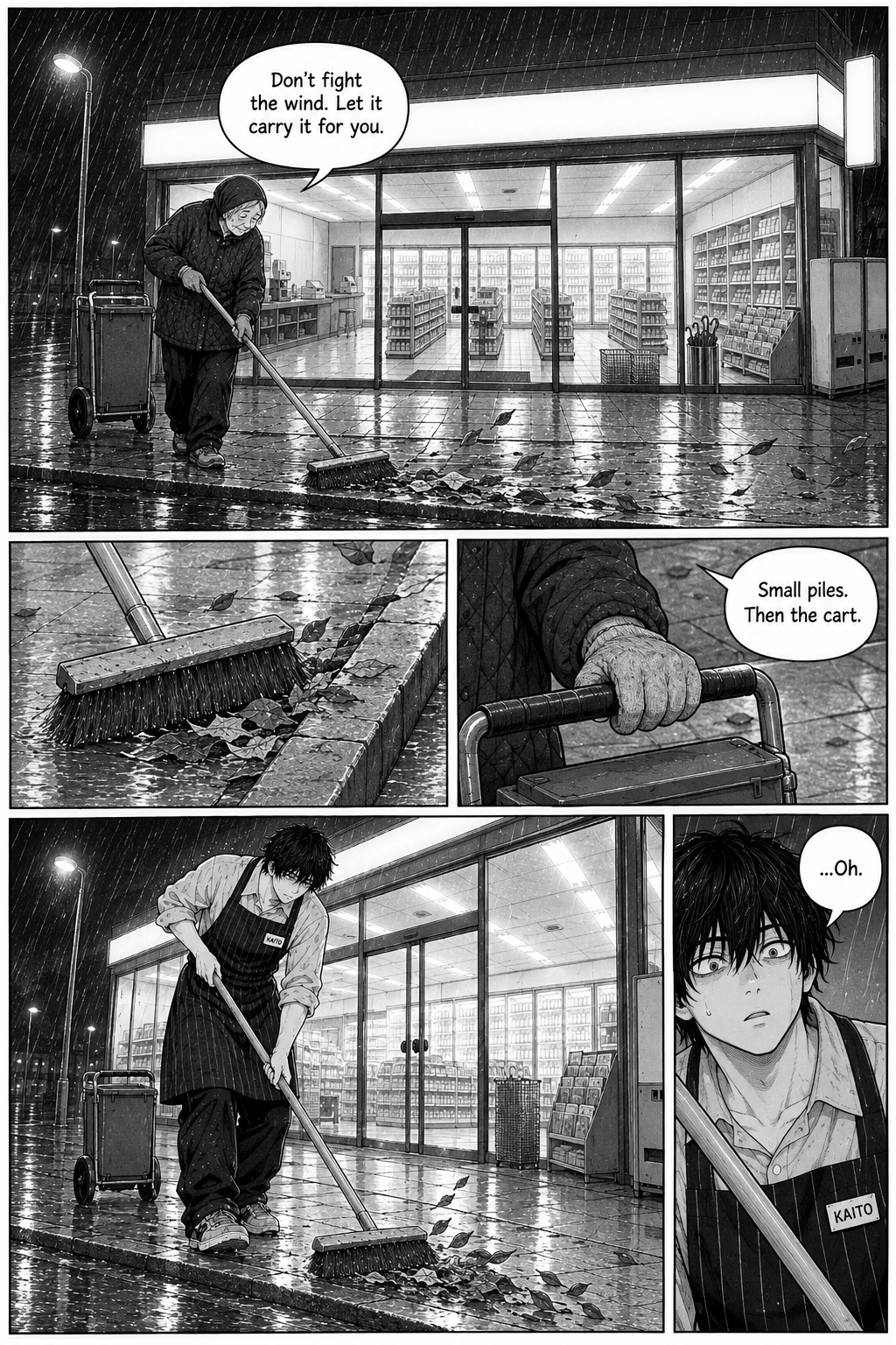 An elderly woman and Kaito sweep wet, leaf-strewn pavement outside a brightly lit shop in the rain, and Kaito looks startled as he tries her sweeping method.