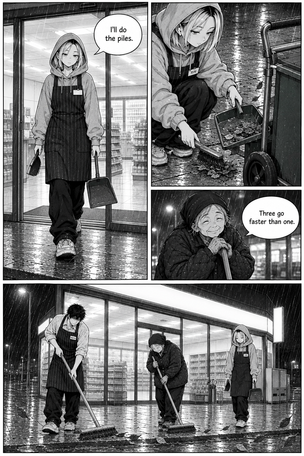 Rin, Kiku, and a man sweep wet pavement outside a brightly lit store in the rain, gathering fallen leaves.