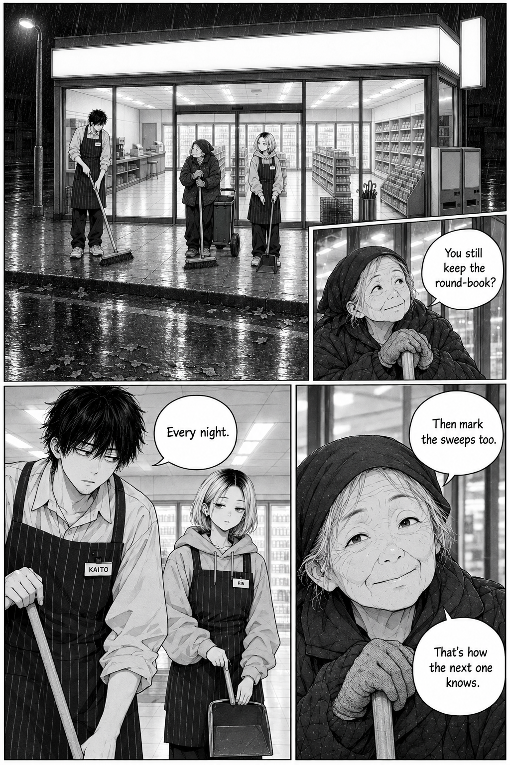 In the rain outside a brightly lit convenience store, Kaito and Rin sweep the wet footpath as the elderly Kiku leans on her broom and speaks with them.