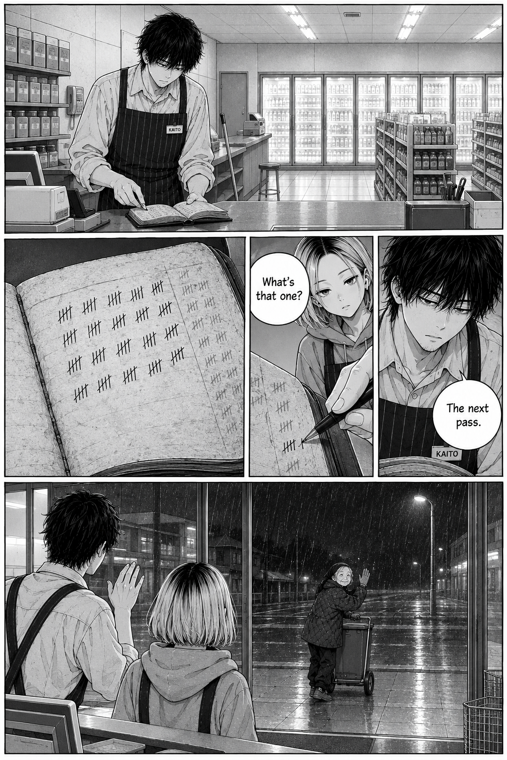 Kaito, wearing a striped apron, marks a tally in an open book at the store counter while a coworker watches, and an elderly woman outside waves as she pushes a cart through the rain.